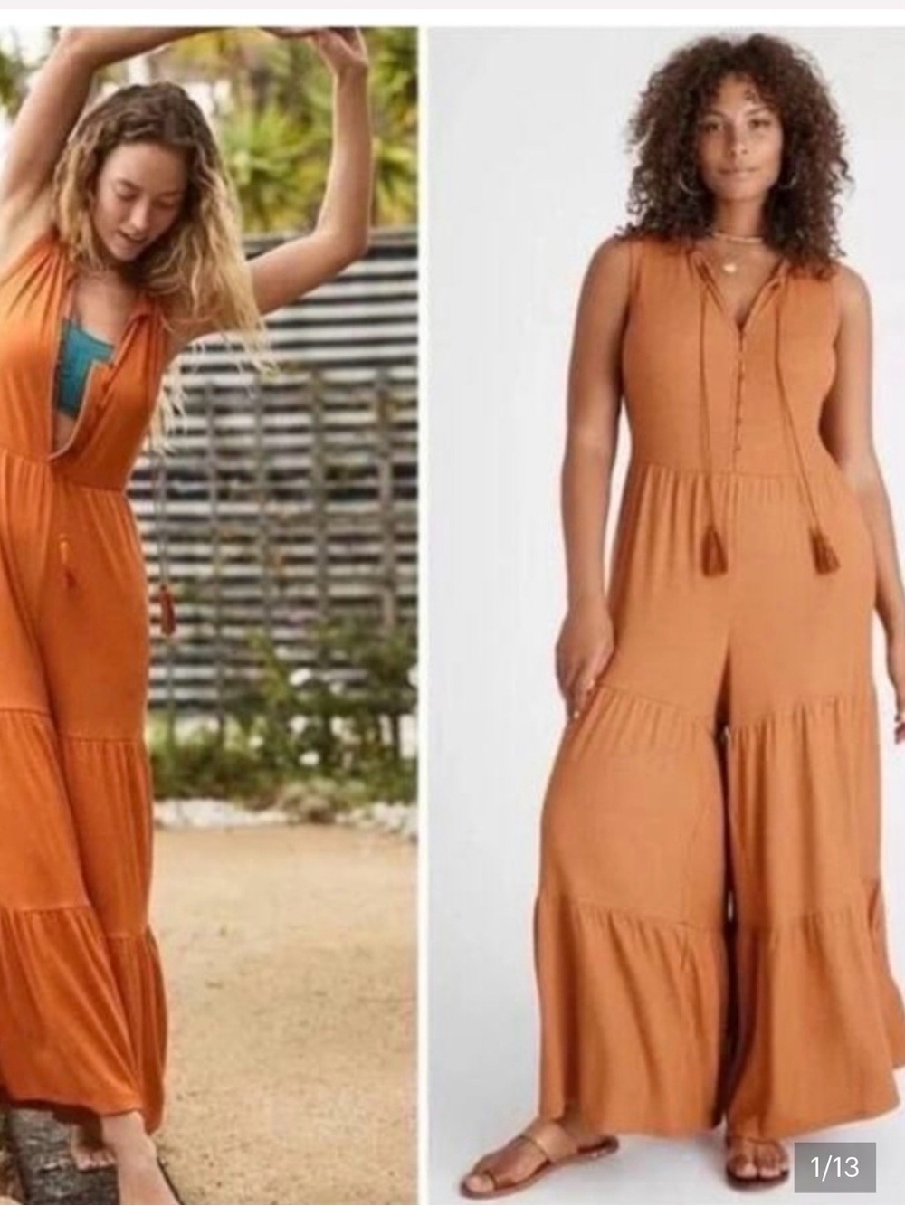 Anthropologie Burnt Orange Tiered Wide-Leg Sleeveless Jumpsuit